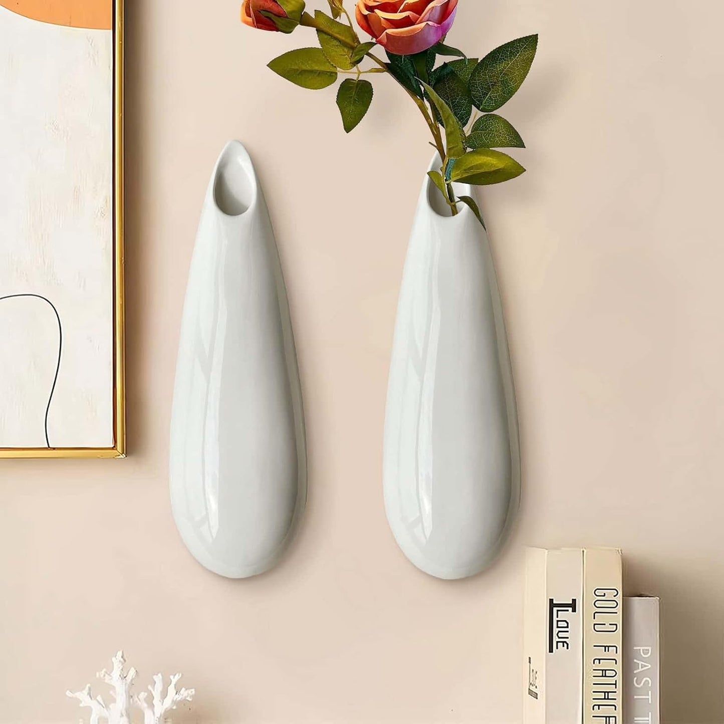 2 Pack White Ceramic Wall Vases,11.8 Inch Wall Hanging Plant Holder,Cubicle Modern Decor Plant Holder Vase for Indoor Plants, Hanging Propagation Flower Pots for Air Vases