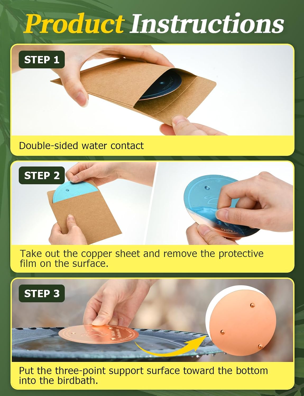 Mellbree Bird Bath Copper Disk, 0.6mm Reinforced 99.99% Pure Copper Cleaning Disk with Triple-Point Support for Physical Safe Clean Water All-Season, Universal Fit for Outdoor Birdbaths, Bowl