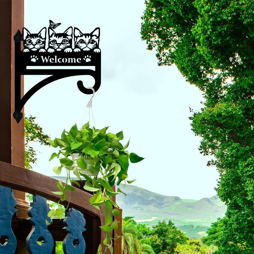 peacoblue Iron Plant Hangers Hooks Cat with Welcome for Outdoor Indoor Hanging Plants Flower Fern Pots Lantern Bird Feeder, 12"x15" Weather Resistant Metal Wall Holder for Porch Garden Farmhouse