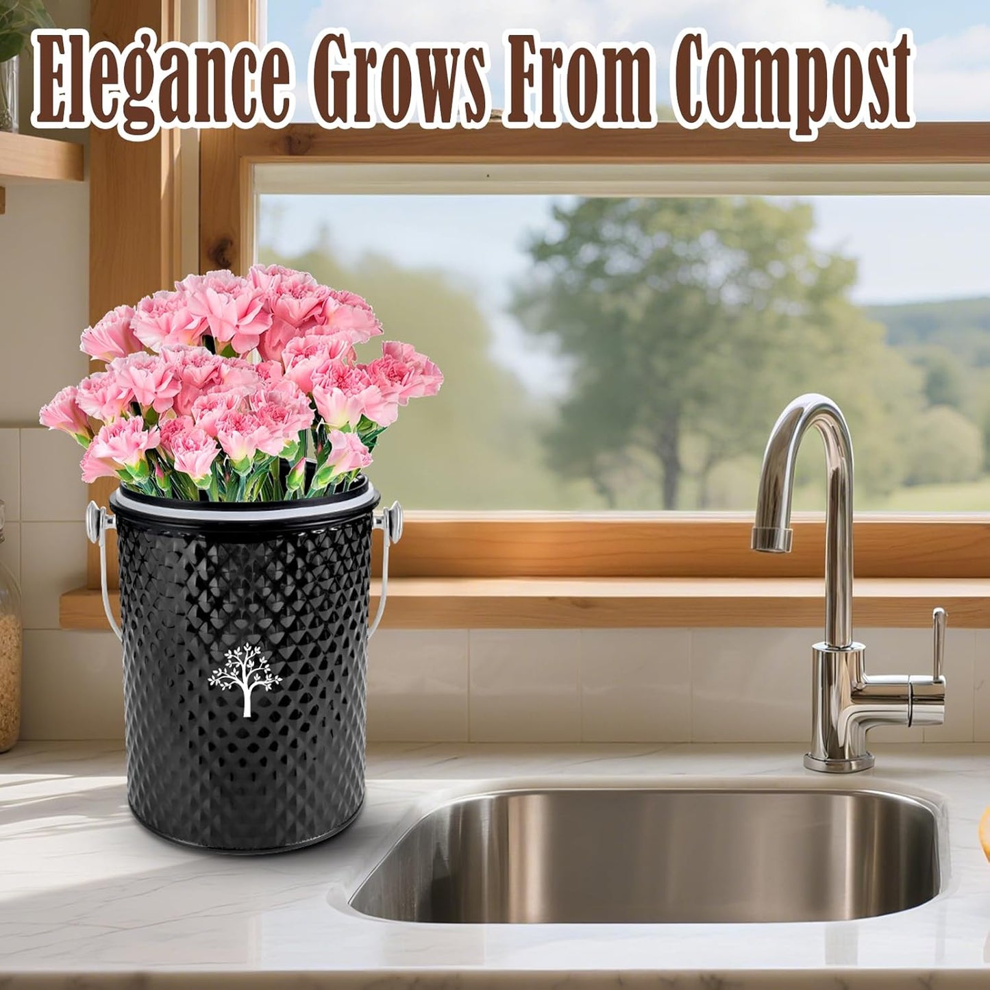 AOSION Countertop Compost Bin Kitchen,Odorless Indoor Compost Bin with Lid and Compost Bags,Compost Bucket Composter Container for Food Waste,Black