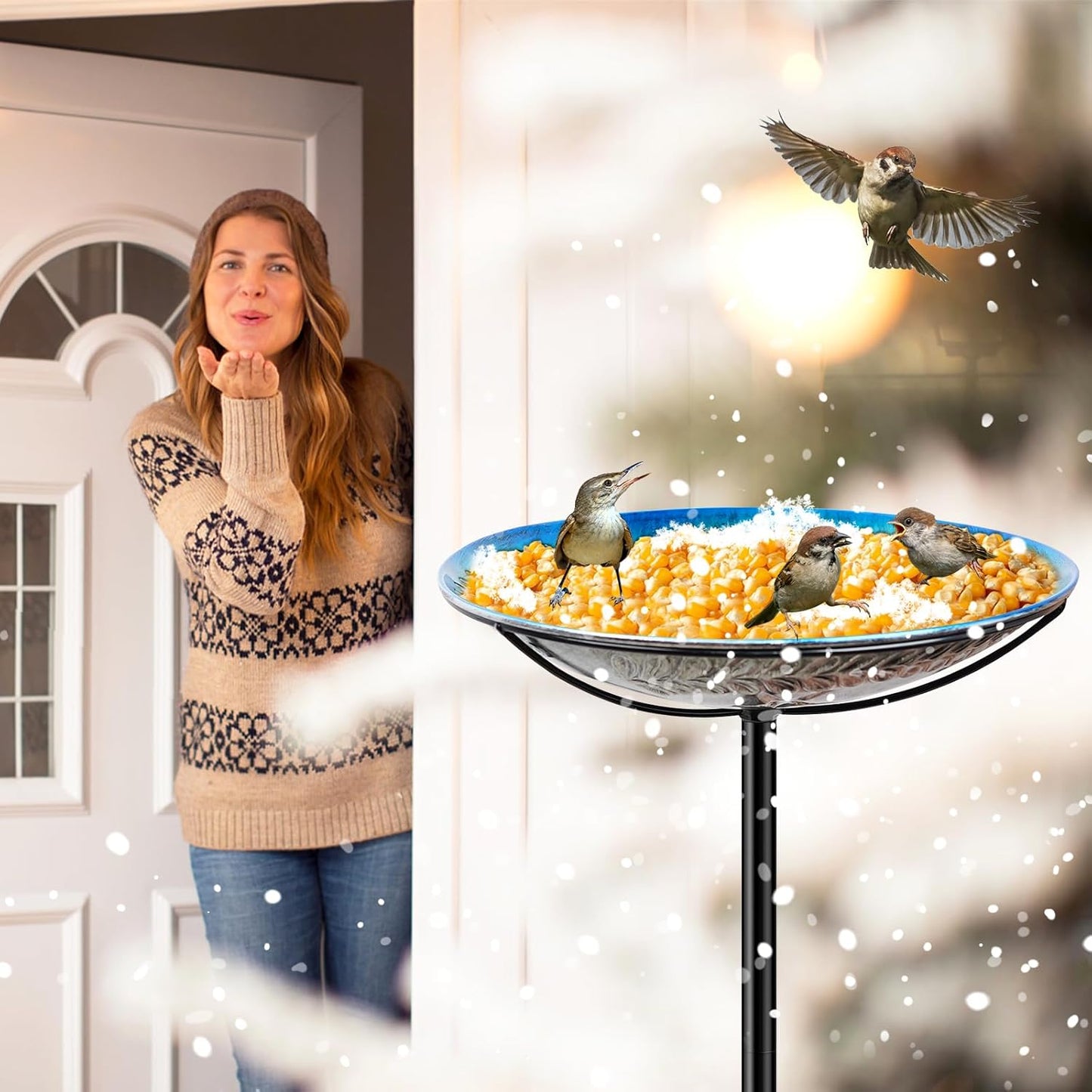 Metal Bird Bath for Outside Feeder Bowl, Detachable Birdbath & Birdfeeder with Base Stake, Vintage Bird Baths for Outdoors Garden Yard Lawn Decor (Blue)