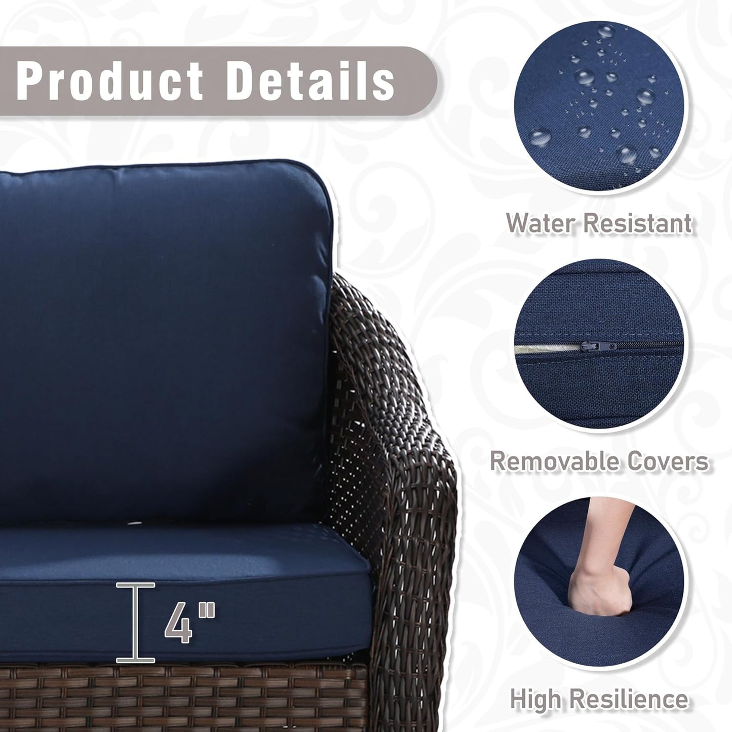 3 Piece Patio Wicker Conversation Set, All-Weather Use Outdoor Wicker Sofa with 2 PE Rattan 360 Swivel Chair, Ideal for Porch, Backyard, Balcony, Poolside, Blue