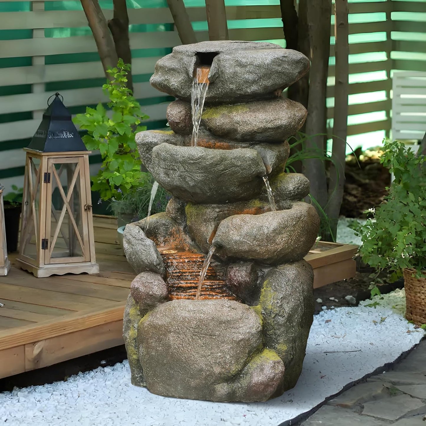 Outdoor Water Fountain 4-Tiers Rock Cascading Indoor Floor-Standing Resin Bubbler Fountain Features Garden, Patio, Yard, Lawn and Home Art Decor, 29“H