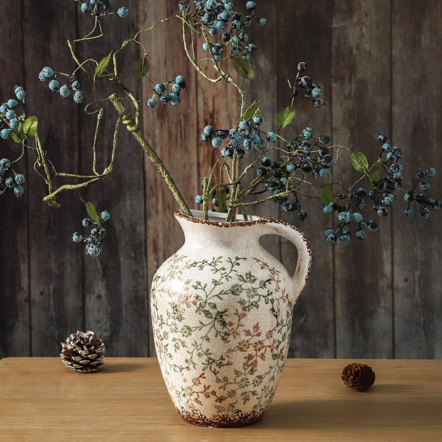 Enra Vintage vase,Ceramic Chinoiserie Floral Vase,Green and Beige Decorative Flower vase,Large Rustic Vases for Home Decors, Living Room, Bookshelf, Office,9.7 inch