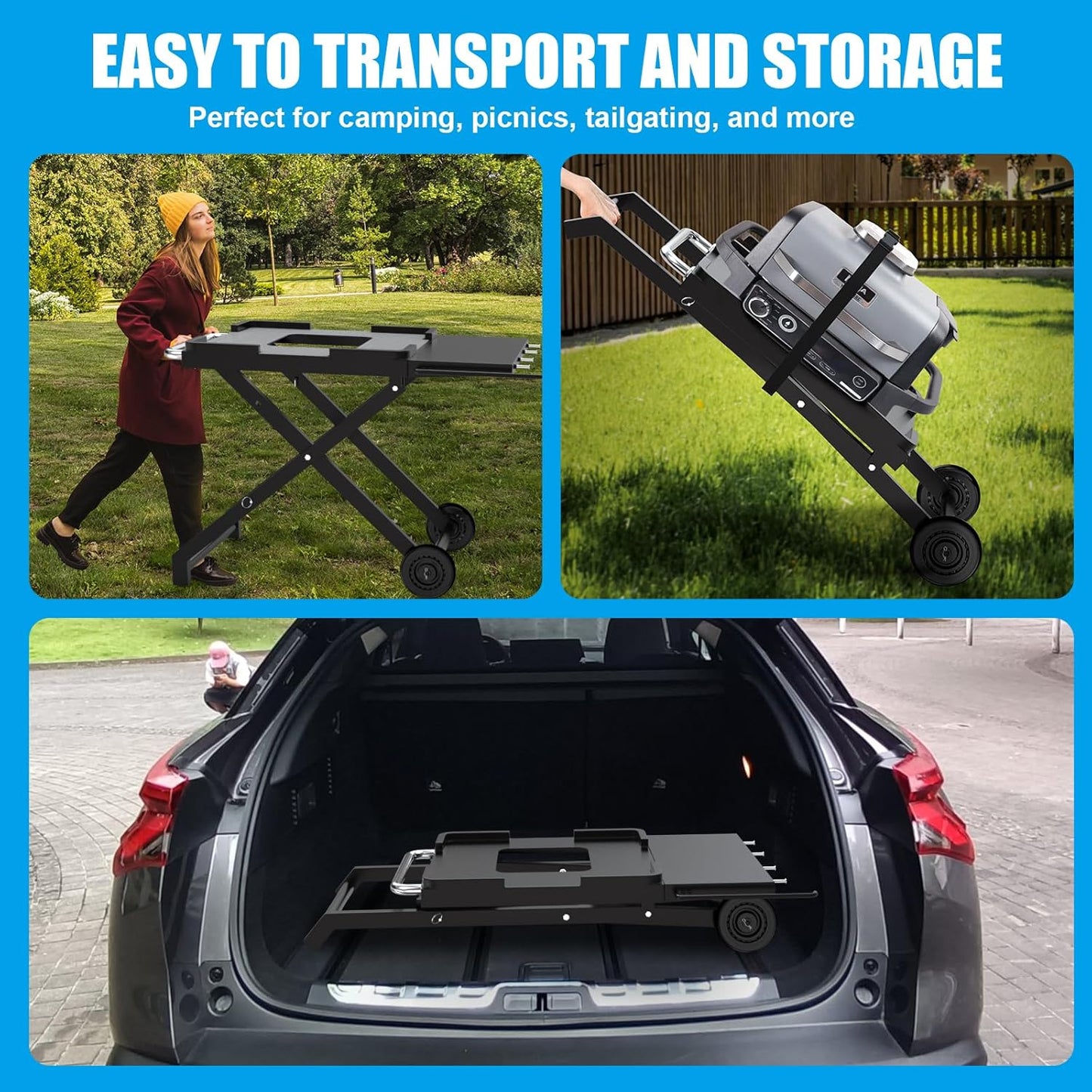 Collapsible Grill Stand for Ninja Woodfire OG701 OG800 OG900 Series & OO101 Pizza Oven Grill,Outdoor Table Cart with Side Shelf for Ninja XSKSTAND XSKUNSTAND Woodfire OG 700 Series,Foldable