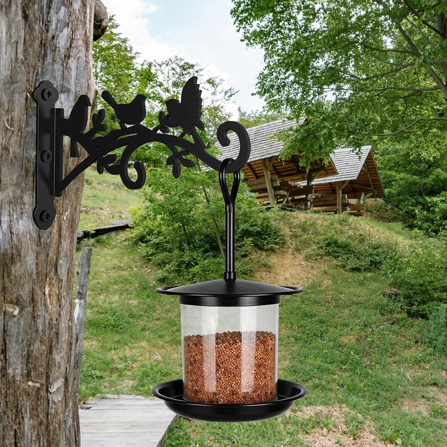 Metal Hanging Plant Bracket with Birdie Pattern 2 Pack – Heavy Duty Plant Hooks for Hanging Flower Baskets,Plants, Bird Feeder, Wind Chime - Indoor/Outdoor Use,Black Matte Texture (12 in)