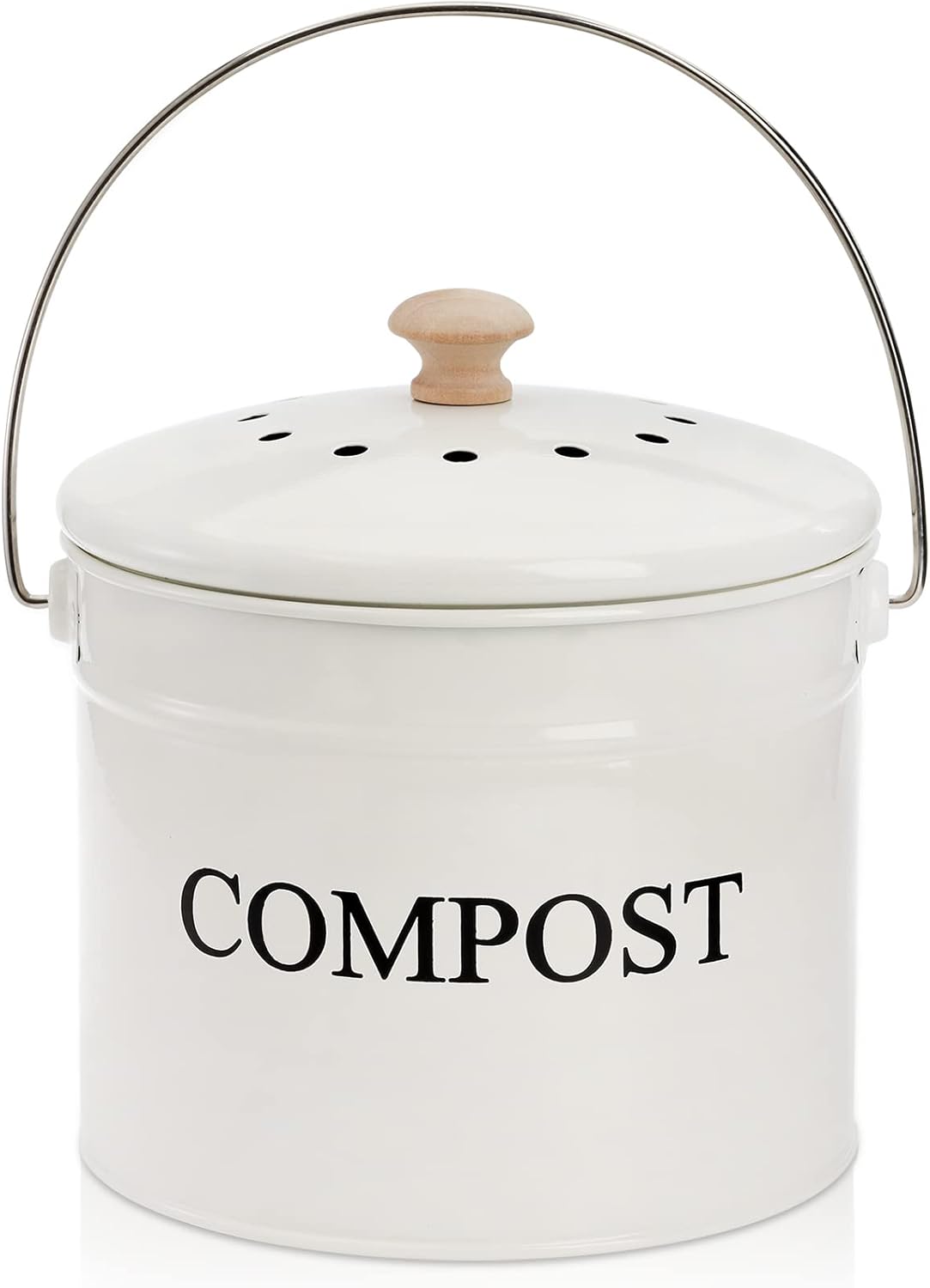 AVLA Compost Bin Kitchen Countertop, 1 Gallon Composter Pail, Food Waste Composting Bucket, Odorless Trash Keeper Container, White Scraps Caddy with Charcoal Filter, Carrying Handle, Lid