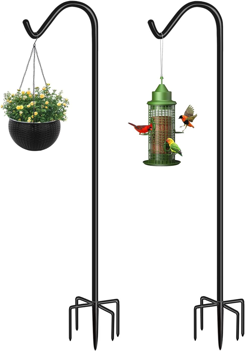 Shepherds Hook for Outdoor Bird Feeders Pole 60 Inch Tall, Adjustable Heavy Duty Garden Hanger Stake Pole with 5 Prong Base, Shiny Black (2 Packs)