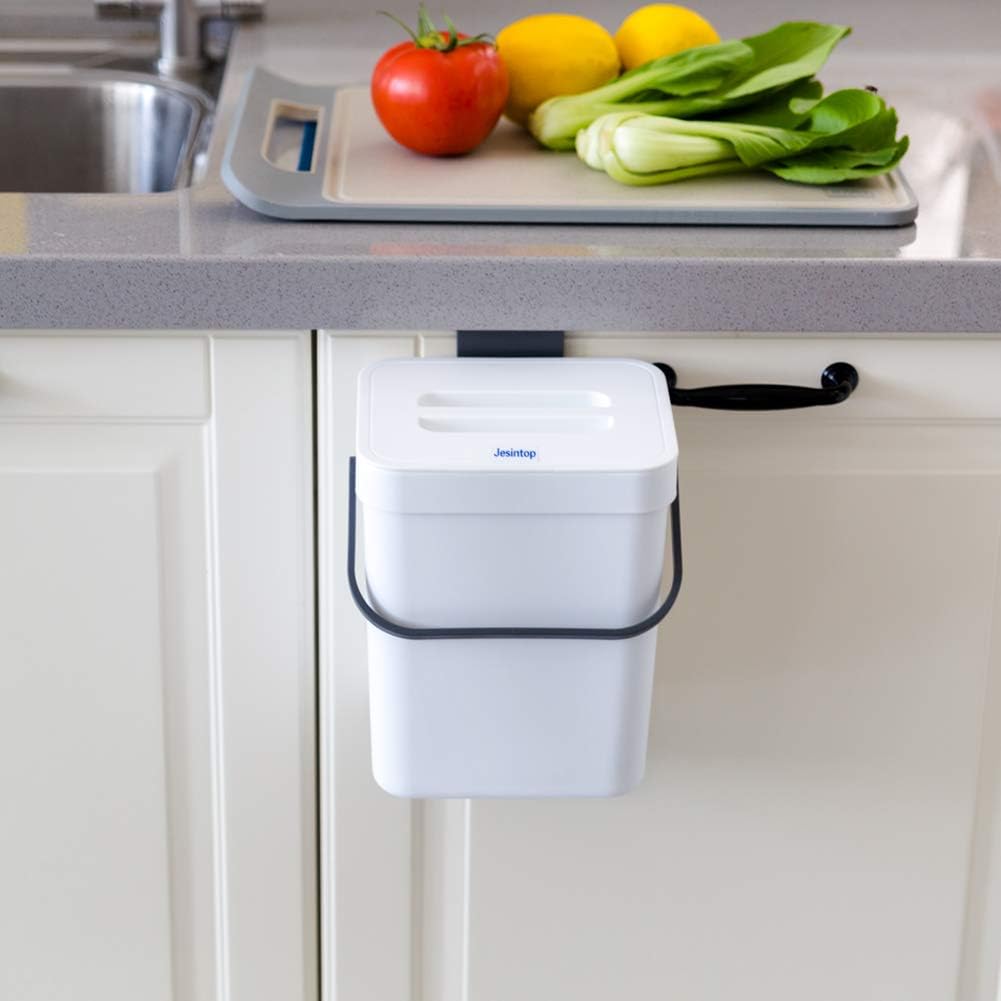 Compost Caddy, Detachable Handle and Countertop Bin, Small Compost Bin with Lid, Plastic Tiny Wastebasket for Office/Kitchen/Refrigerator/RV, 3L/0.8 Gal Series, White