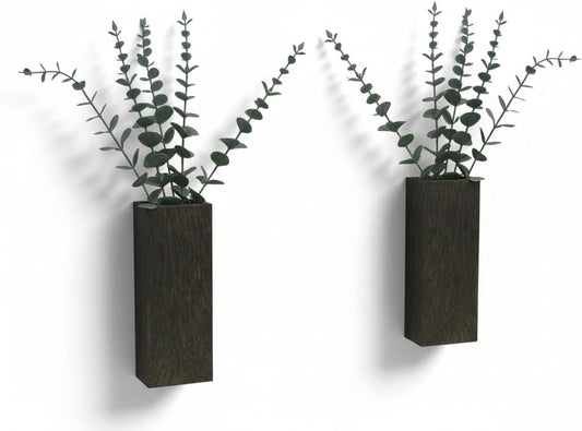 2 Pieces Wooden Wall Hanging Plant Pots Vase Contains Artificial Green Plants for Indoor Fake Plants Greenery Flowers, Modern Planters for Bathroom, Living Room, Kitchen Decor, (Brown)
