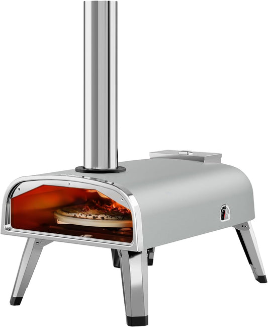 Outdoor Pizza Oven 12" Wood Pellet Pizza ovens With Rotatable Round Pizza Stone Portable Wood Fired with Built-in Thermometer Pizza Stove for Outside Backyard Camping Picnics (Grey-revolving)