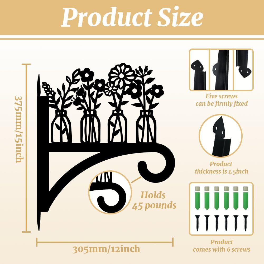 peacoblue Iron Plant Hangers Hooks for Outdoor Indoor Hanging Plants Flower Fern Pots Lantern Bird Feeder,12"x15" Weather Resistant Metal Wall Holder for Porch Garden Farmhouse(Vase and Wildflower)