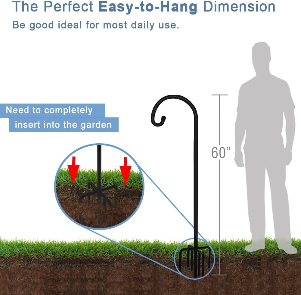 60 inch Outdoor Shepherd Hook with Upgraded 7 Prong Base (1 Pack), Adjustable Heavy Duty Garden Hanging Stake for Bird Feeder Solar Light Plant Hanger Wedding Decor, Matte Black