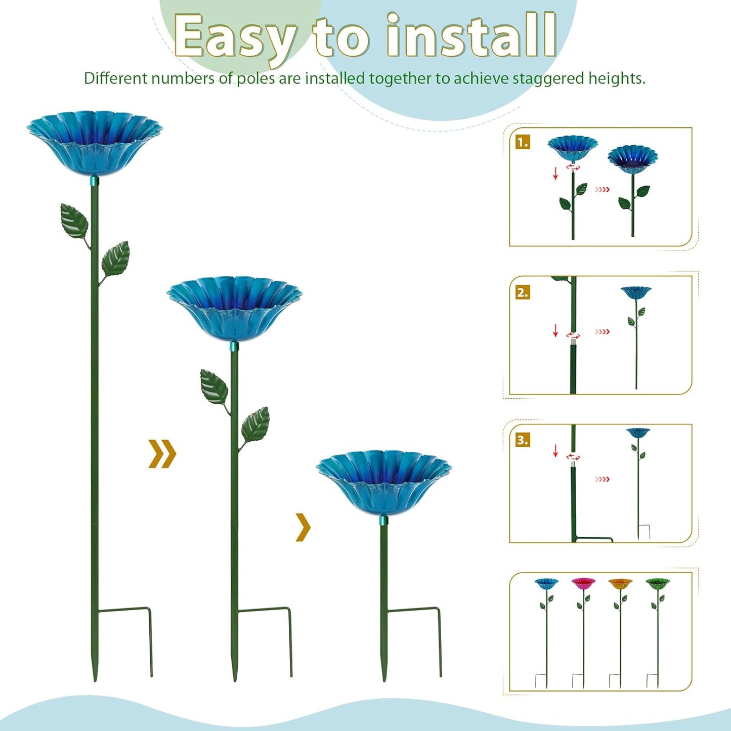 Large Bee Watering Station 2 Pack - Bee Bath for Garden Metal Butterfly Feeders Bowl with 5.32'' Flower Design Bird Bath for Outside Outdoors Garden Decor (Blue,Yellow)