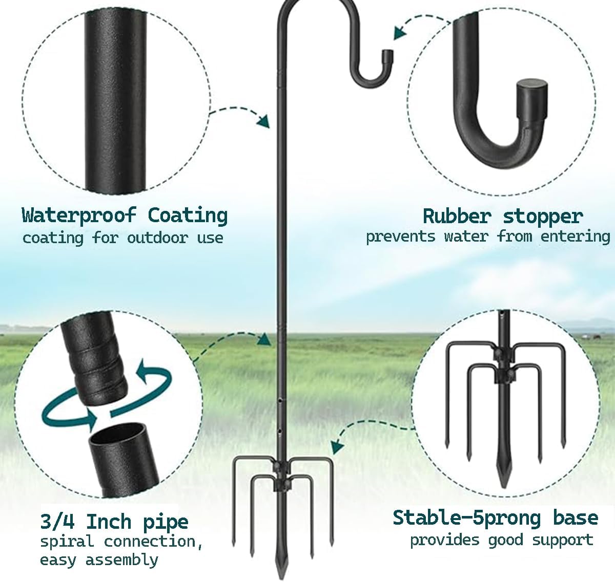 CMASTER Shepherd Hook for Outdoor, 1 Pack 92 Inch Bird Feeder Pole with 5 Prong Base Heavy Duty Adjustable Garden Hook for Hanging Plant, Hummingbird Feeder, Lantern(92 Inch)