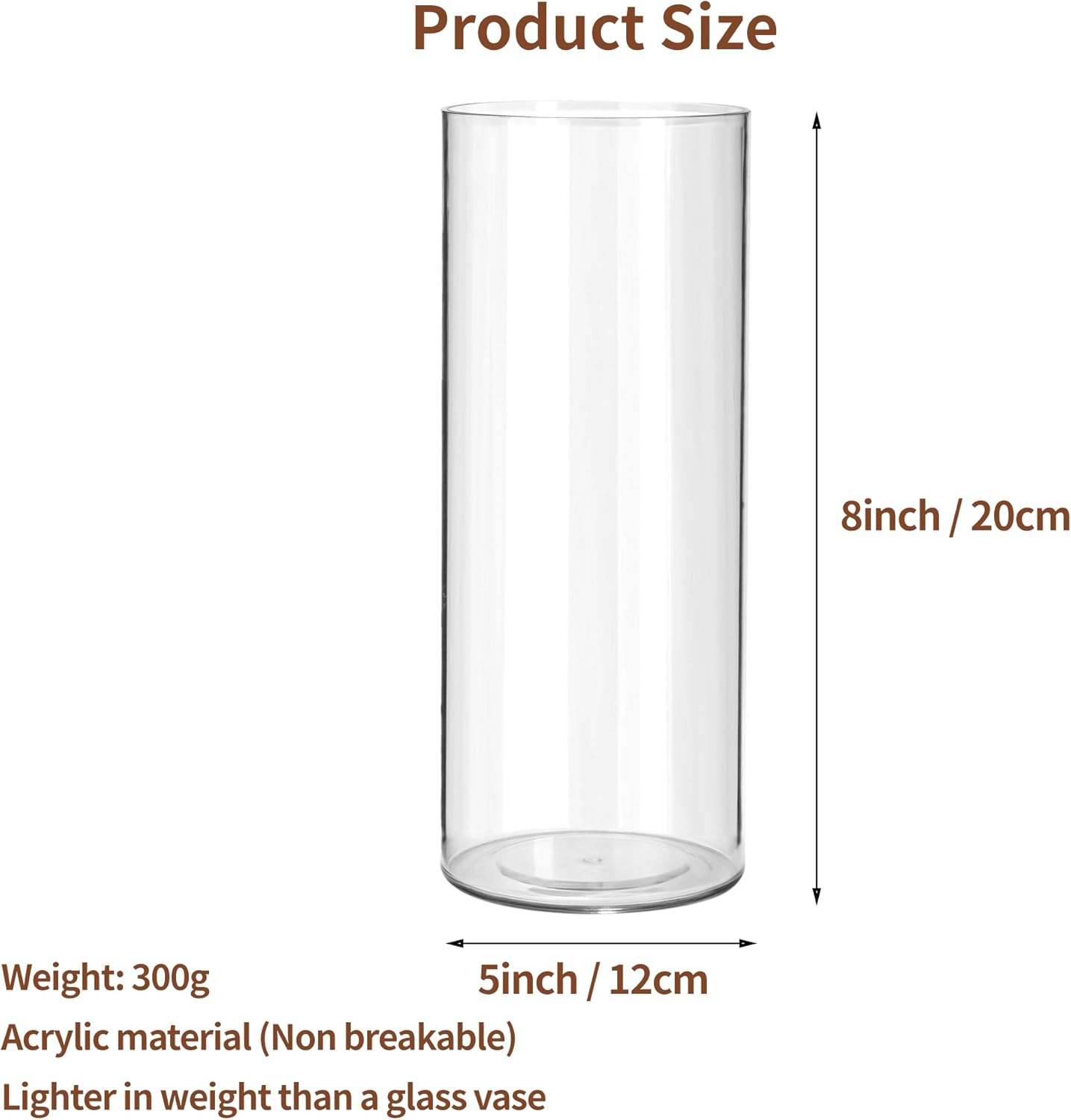 Clear Flower Vase, Non-breakable Vases, 5" W x 8" H, Acrylic Vase, Aesthetic Room Decor Cylindrical Modern Flower Vases for Table Centerpiece, Home Decor, Women Floral Arrangement Gift