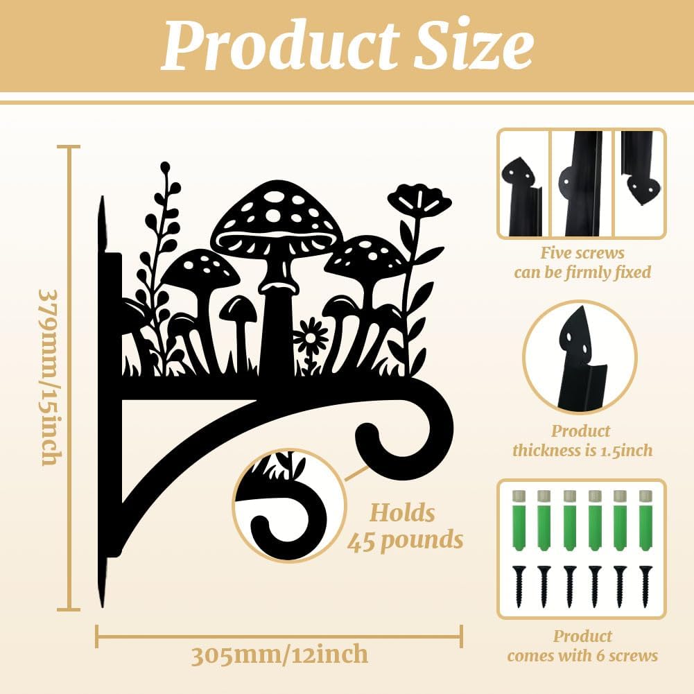 peacoblue Iron Plant Hangers Hook for Outdoor Indoor Hanging Plant Flower Fern Pot Lantern Bird Feeder,12"x15" Weather Resistant Metal Wall Holder for Porch Garden Farmhouse(Mushroom and Wildflower)