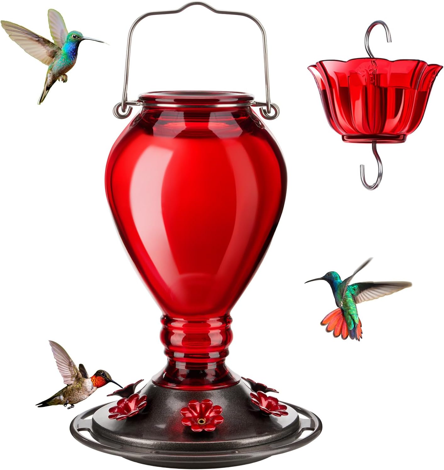 Kingsyard Glass Hummingbird Feeder - 6 Bee Guard Feeding Ports & Ant Moat, 24 oz Leak Proof, Wild Bird Feeder for Outdoors Hanging, Easy to Clean & Refill, Garden Yard Décor, Red