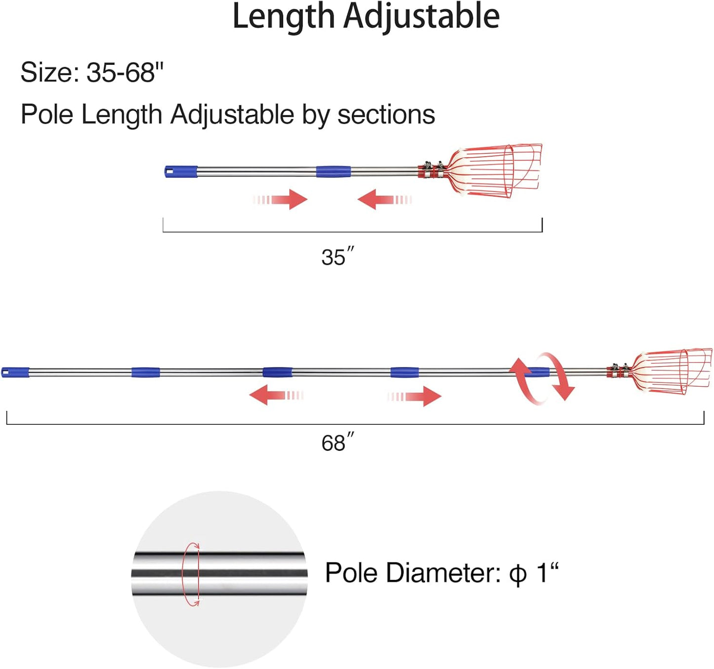 DnSail Fruit Picker Pole Tool with Basket Telescoping - Adjustable Mango Picker 35-68 inch Long Handle - Apple Orange Avocado Acorn Lemon Pear Pomelo Chery Picker for Tree