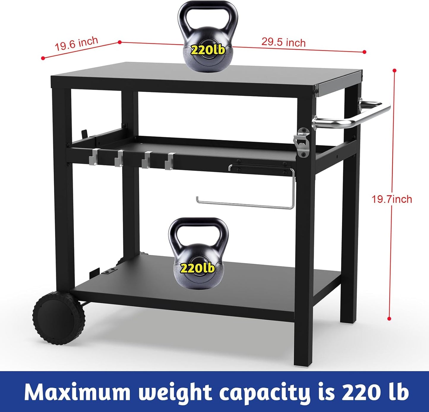 29.5''x19.6'' Outdoor Grill Cart, Pizza Oven Table Stand, 3-Shelves Food Prep Table for Ninja Woodfire, Ooni Pizza Oven, 17'' & 22'' Blackstone Griddle, Grill Stand for Picnic, Camping