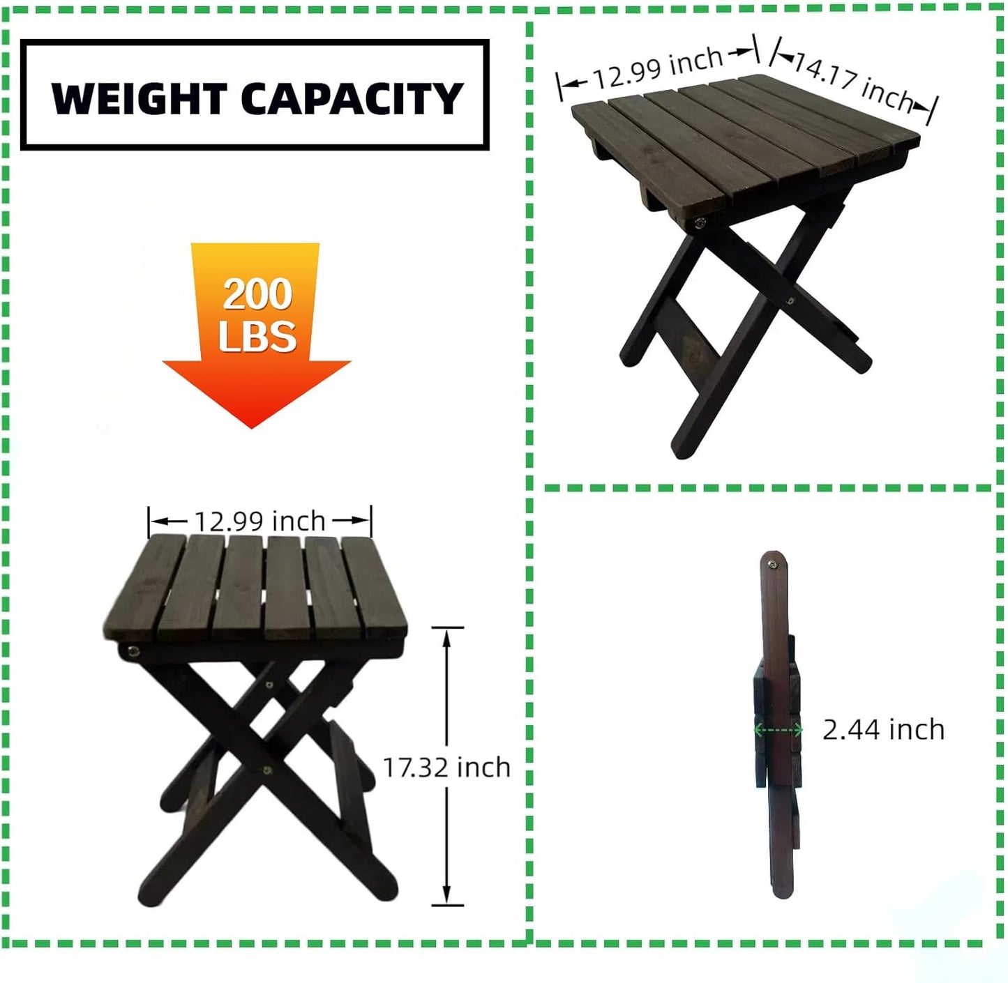 Outdoor Side Table, No Assembly Folding Wooden End Table for Outside or Indoor, Small Patio Tables for Camping, Pool, Bathroom, Backyard and Porch
