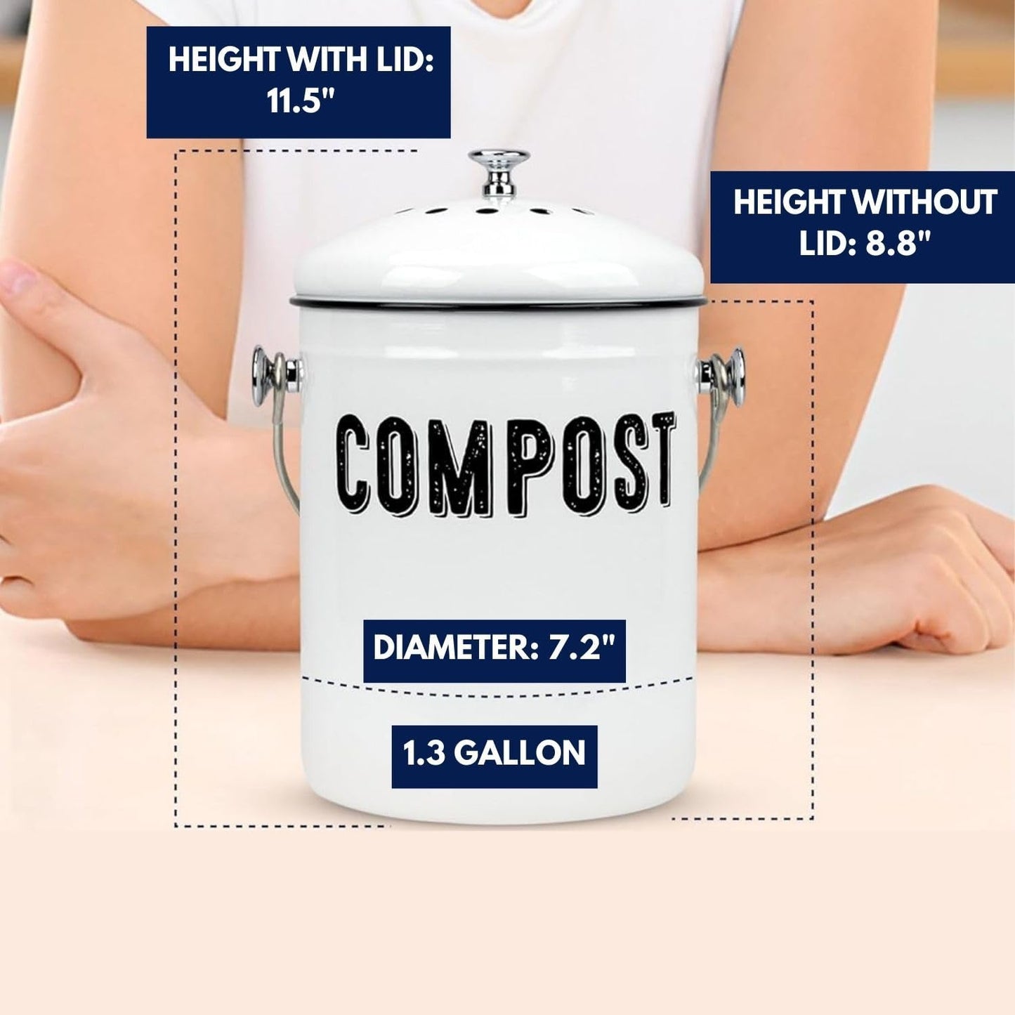 Granrosi Countertop Compost Bin Kitchen - 1.3 Gal Indoor Compost Bucket with Lid for Kitchen; Farmhouse Rust Proof & Odorless Composter Bin for Countertop; 3 Charcoal Filters