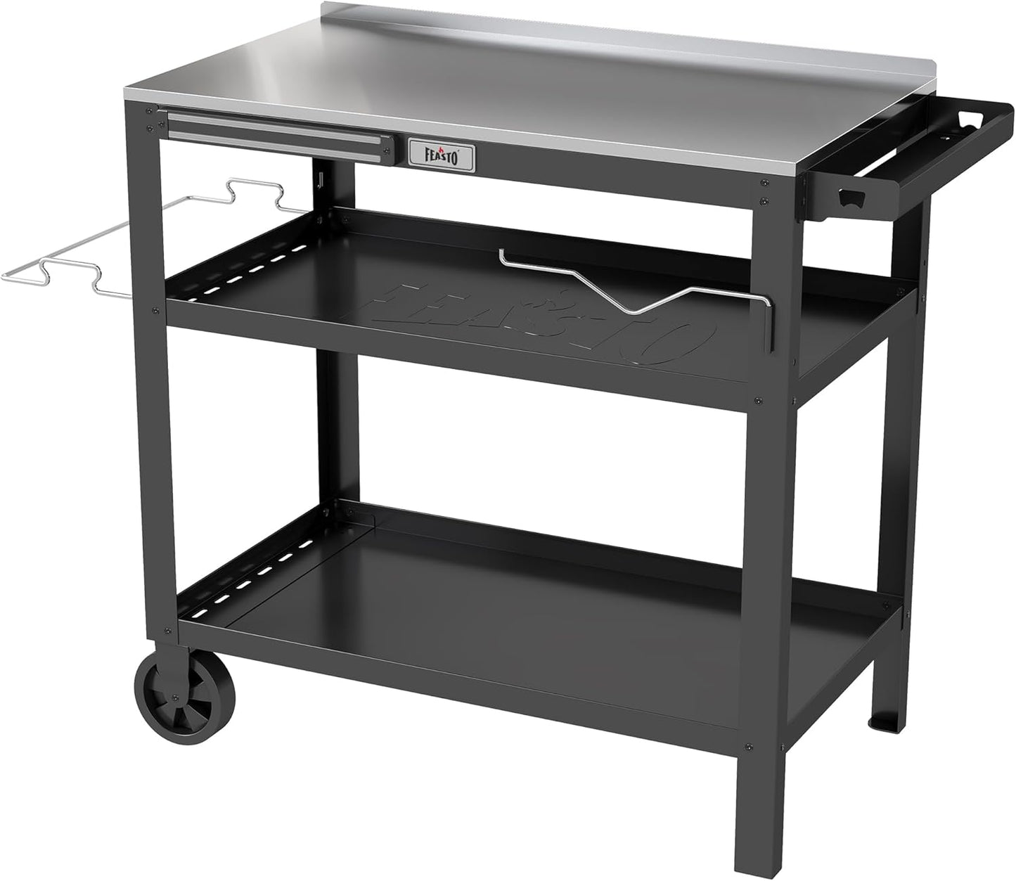 31.5"x18" Outdoor Grill Cart with Stainless Steel Tabletop, Movable Grill Table with Seasoning Rack & Magnetic Tools Holder, Backyard BBQ Kitchen Food Prep Table for Portable Grill & Pizza Oven