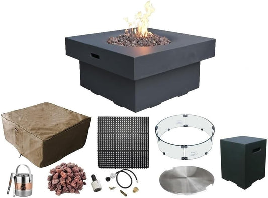 AMS Fireplace | Modeno Branford Package | Black Liquid Propane Gas Fire Pit Table for Outside Patio Bundle with Tank Cover, Wind Guard | Free Ice Bucket & Rubber Mat