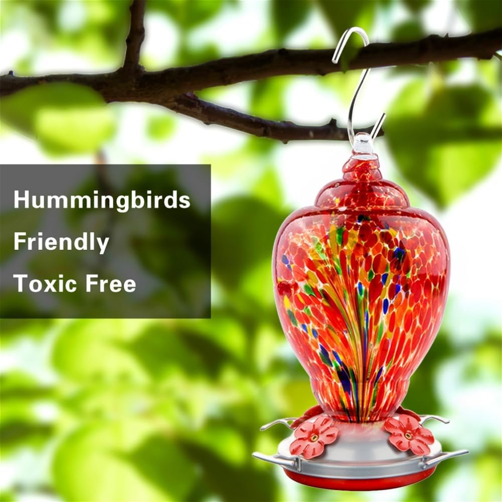 WOSIBO Hummingbird Feeder for Outdoors Patio Large 32 Ounces Colorful Hand Blown Glass Hummingbird Feeder with Ant Moat Hanging Hook, Rope, Brush and Service Card (RED-Firework)