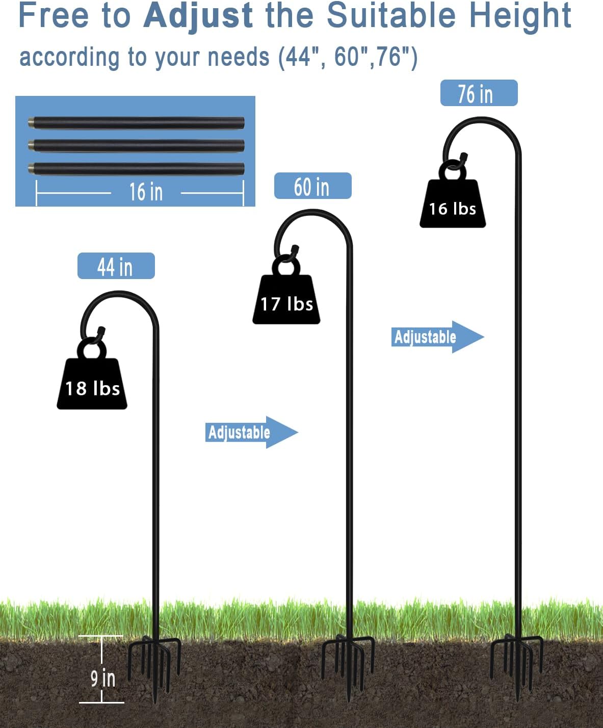 76 inch Outdoor Shepherd Hook with 7 Prong Base (1 Pack), Adjustable Heavy Duty Garden Hanging Stake for Bird Feeder Solar Light Plant Hanger Wedding Decor, Matte Black