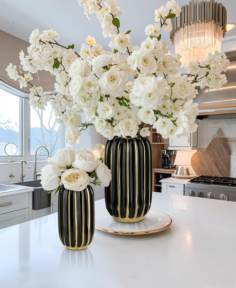 Briful Gold Plated Lantern Ceramic Vase Home Decor Creative Design Porcelain Decorative Flower Vase 11.02'' Black Ceramic Vases for Wedding Anniversary Decoration