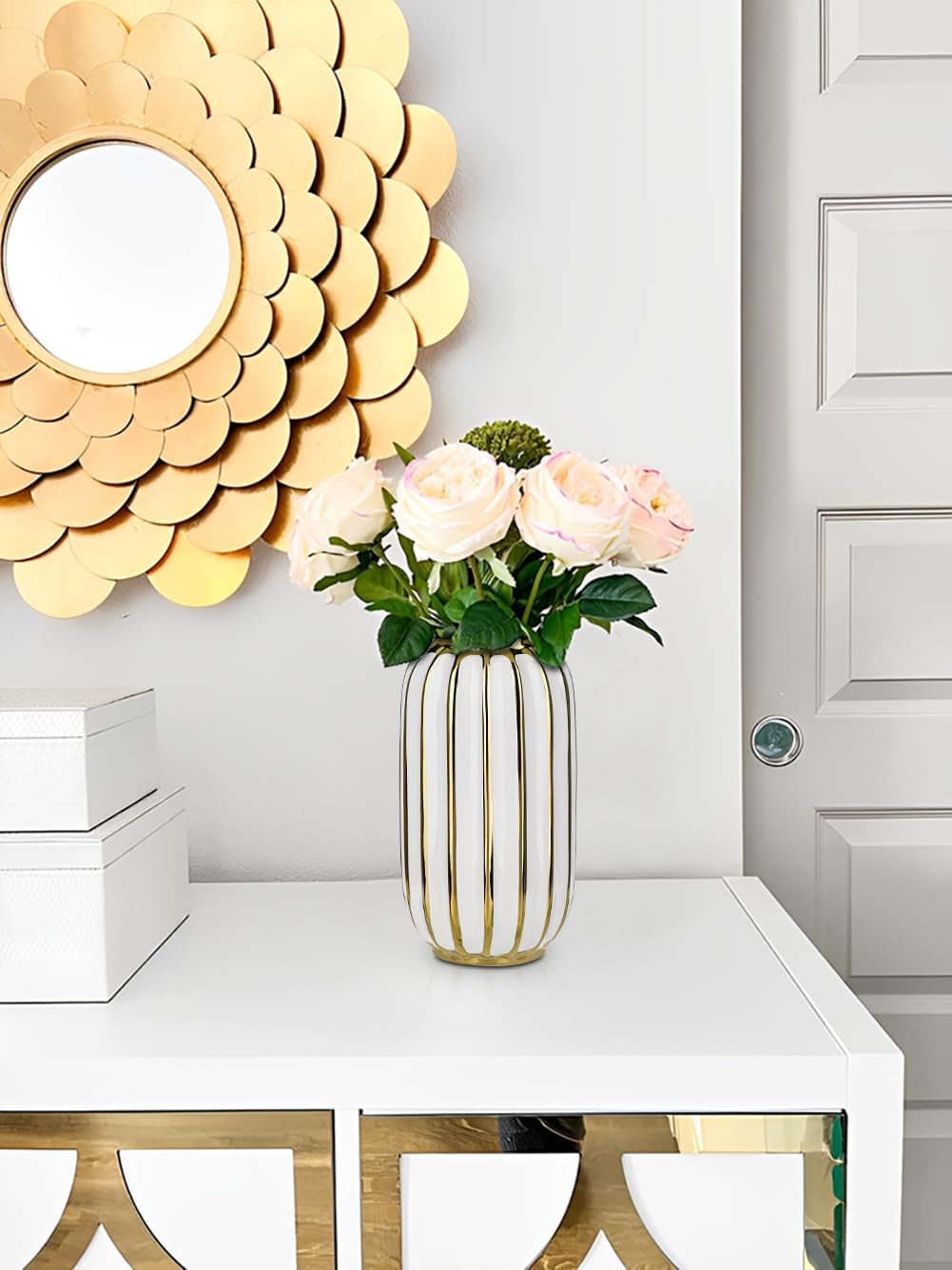 Briful Gold Plated Lantern Ceramic Vase Home Decor Creative Design Porcelain Decorative Flower Vase 8.66'' White Ceramic Vases for Wedding Anniversary Decoration