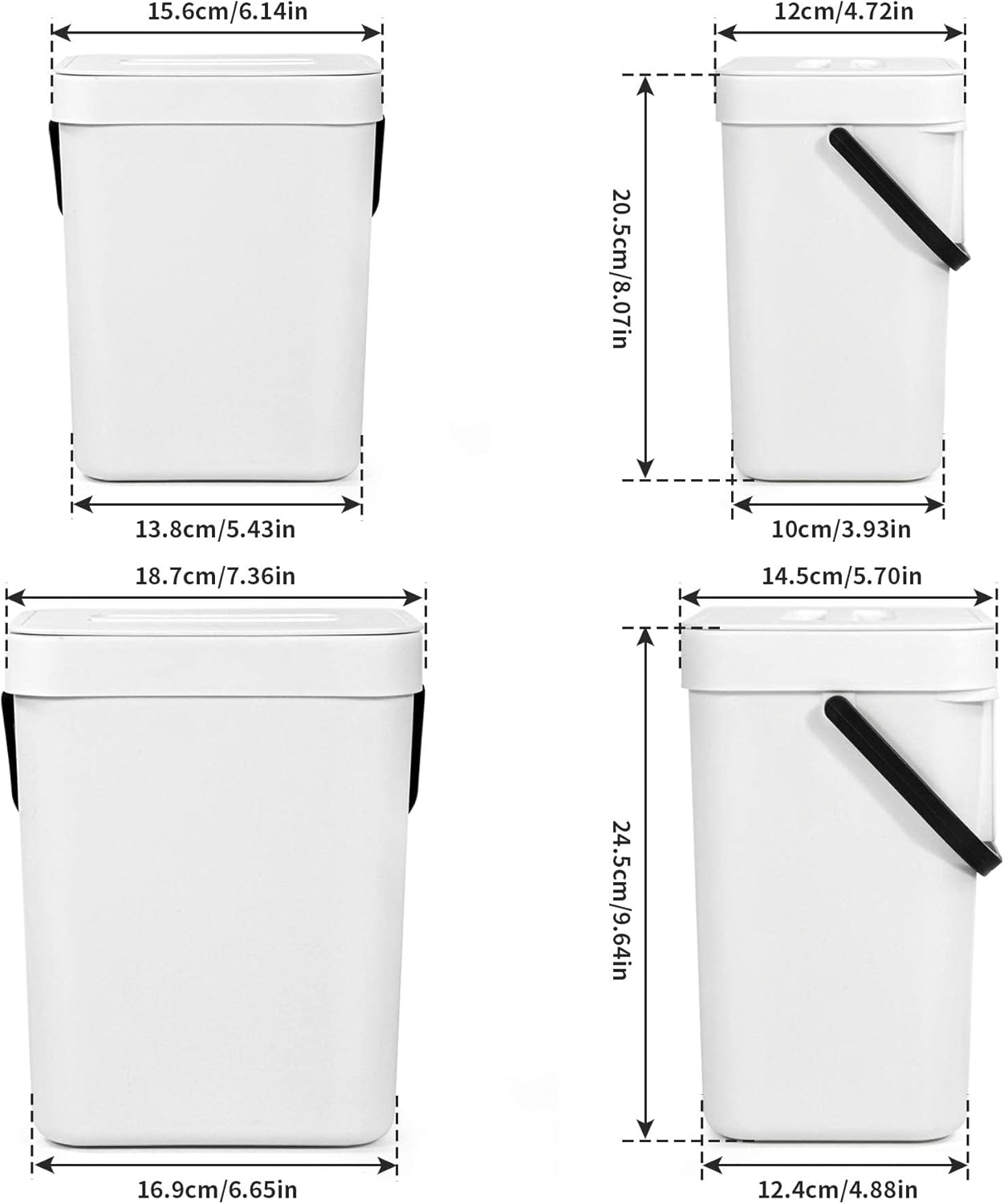 Domiella 2 Pack 1.3 + 0.8Gal Hanging Small Trash Can with Lid, Kitchen Compost Bin for Counter Top Under Sink, Sealed Food Waste Bin, Mountable Indoor Compost Bucket for Cupboard/Bathroom (White)