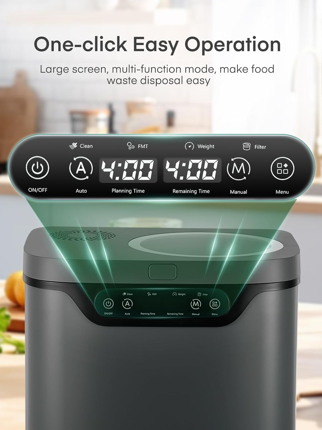 Electric Composter for Kitchen 4L, Countertop Compost Bin Indoor with Visible Window, LED Display, Auto-Clean, Carbon Filter, Odorless, Low Noise, Turns Waste into Natural Fertilizer