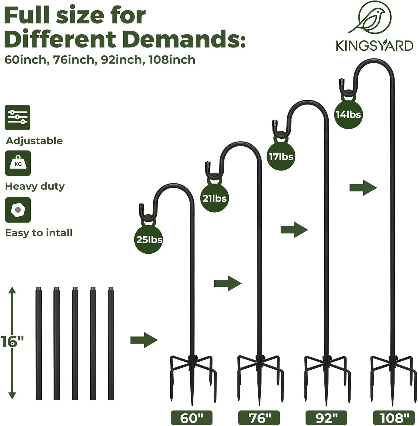 Kingsyard Adjustable Shepherd Hooks for Outdoor - Heavy Duty Bird Feeder Pole with 5 Prong Base, Garden Plant Hanger, Weddings Decor, Solar Light Lanterns, 108 inch