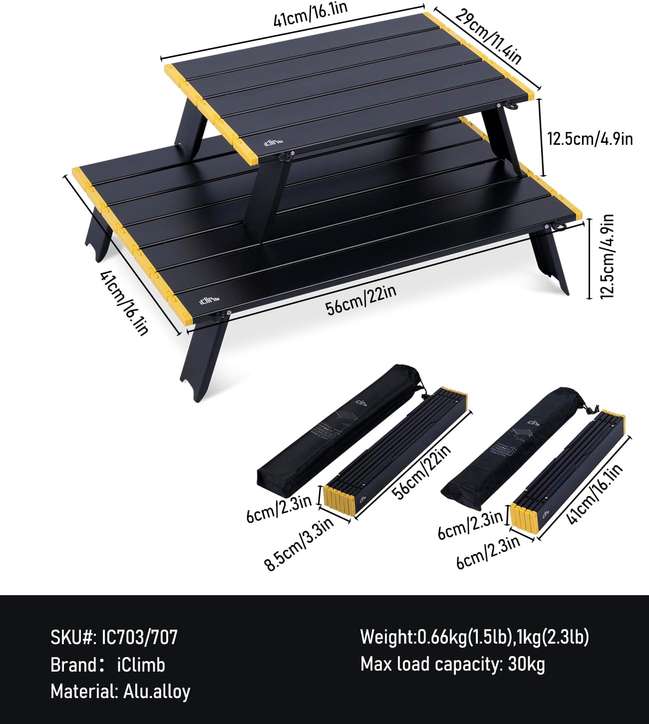 iClimb Ultralight Compact Mini Beach Picnic Folding Alu. Table with Carry Bag, Two Size (Black - L)