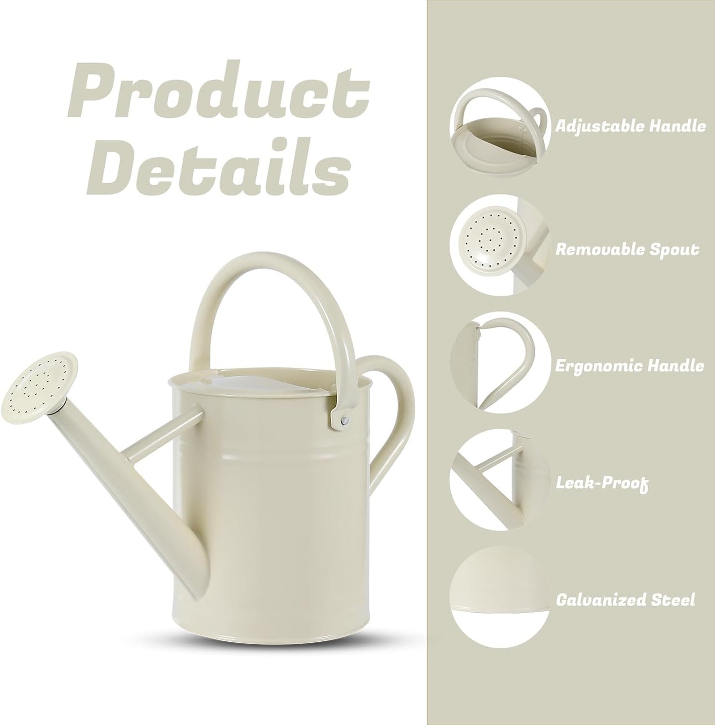 1 Gallon Watering Can for Plants, Watering Cans for Indoor&Outdoor Gardening, Galvanized Steel Watering Pot with Removable Spout, Metal Water Can with Ergonomic Movable Handle(White)