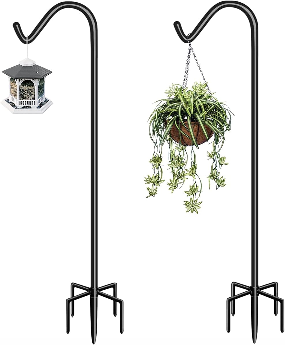Garbuildman 76 Inch Tall Shepherd Hooks with 5-Forked Base, Adjustable Heavy Duty Bird Feeder Pole Stand Hanger for Outdoor, Shiny Black, 2 Pack