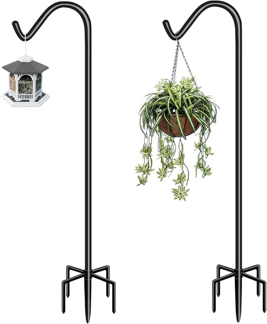 Garbuildman 92 Inch Tall Shepherd Hooks with 5-Forked Base, Adjustable Heavy Duty Bird Feeder Pole Stand Hanger for Outdoor, Shiny Black, 2 Pack