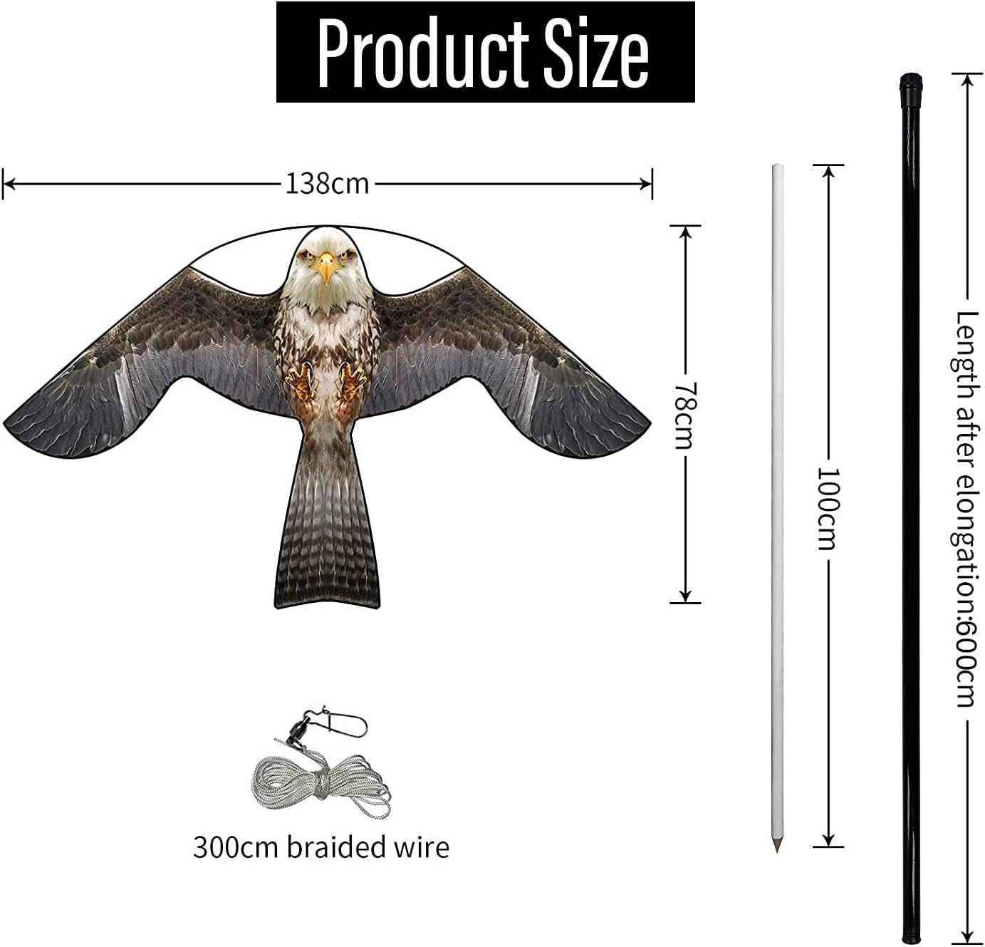Bird Hawk Flying Kite with Pole Crops Farm Protector Bird Scarer Flying Kite with 6m Pole-Style B