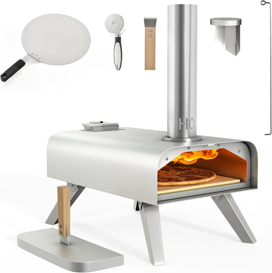 YITAHOME Wood Fired Outdoor Pizza Oven, 12" Portable Pellet Pizza Ovens with Pizza Peel & Pizza Cutter, Woodfire Pizza Maker for Outside Kitchen Cooking Stainless Steel Silver