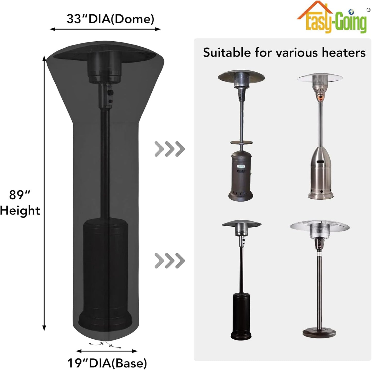 Easy-Going Patio Heater Cover with Zipper and Storage Bag, Waterproof Outdoor Heater Cover Dustproof, UV-Resisant, Wind-Resistant (89" H x 33" D x 19" B, Black)