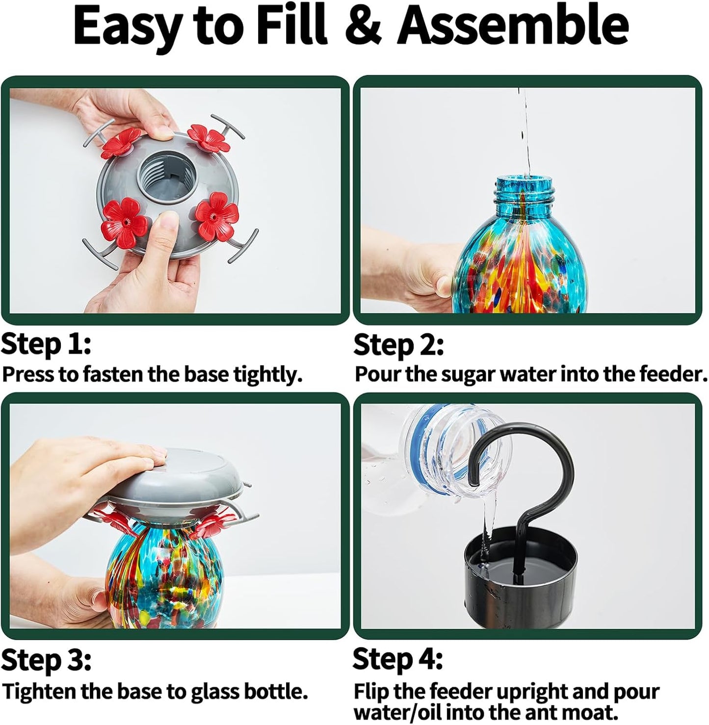 Muse Garden Hand Blown Glass Hummingbird Feeder - 19OZ Plastic Base Humming Bird Feeders for Outdoors Hanging, Garden Decor Gifts for Bird Lovers, Blue Polka Dots