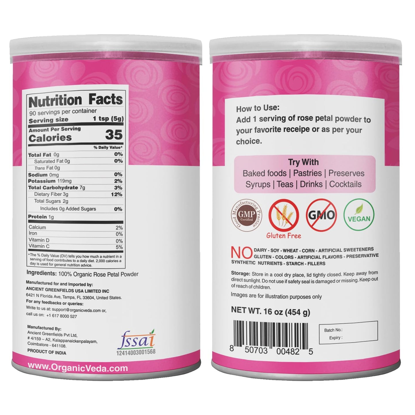 Organic Veda Edible Rose Petal Powder - Organic Rose Petal Powder for Cooking, Herbal Tea, Smoothies, Toppings - Natural Rose Petal Powder for DIY Face Masks, Skin, Hair Care - Vegan, No Gluten - 16oz