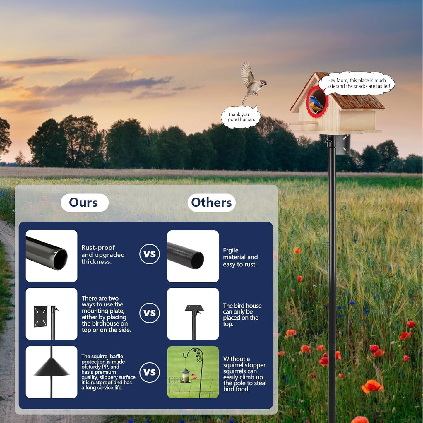 Smart Bird Feeder Pole - (32-92 Inch) Adjustable Bird House Pole Compatible with BirdBuddy, Outdoors Weather Station and Variety of Smart Birdhouse Styles, Heavy Duty Bird Feeder Stand Mount Kit