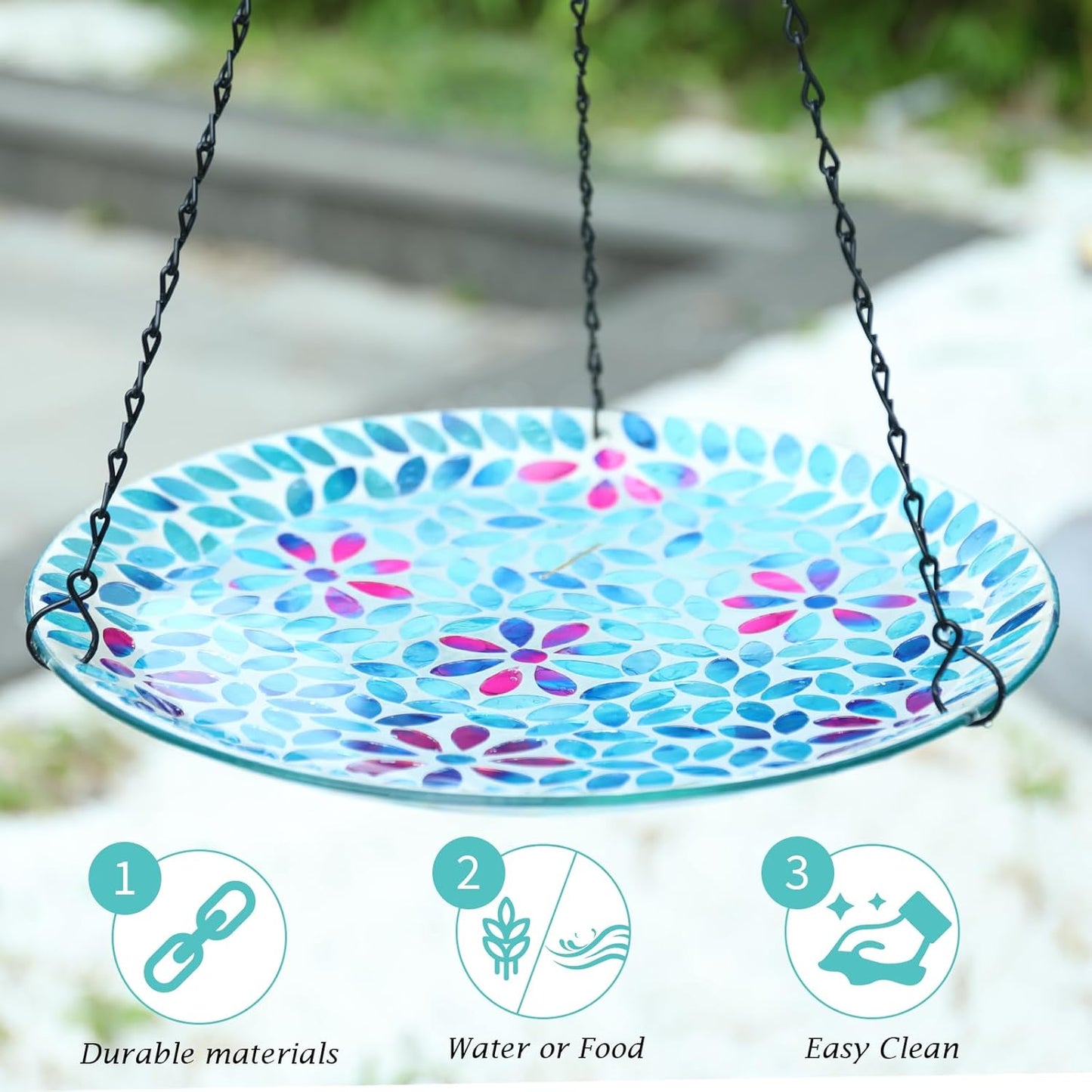 VCUTEKA Hanging Bird Bath, Glass Mosaic Bird Baths for Outdoors Birdfeeder with 21 inch Rust-Proof Chain for Garden Yard Decor, Flower