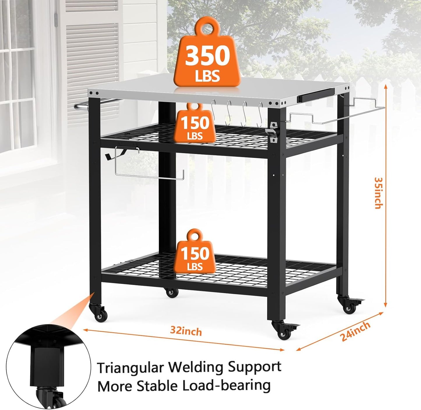 Stainless Steel Pizza Oven Table for Ooni, 650lbs Outdoor Grill Cart with Wheels and Handle, 32"x 24" Three-Shelf Food Prep Cart for Griddle, Movable Outdoor Pizza Cart
