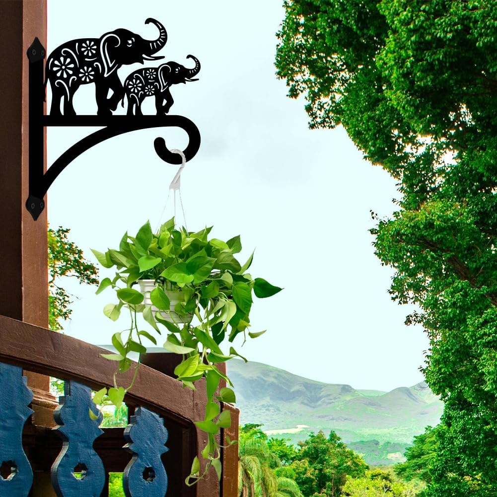 peacoblue Iron Plant Hangers Holder for Outdoor Indoor Hanging Plants Flower Fern Pots Lantern Bird Feeder Wind Chimes, 12”x14” Weather Resistant Metal Wall Hooks for Porch Garden Farmhouse(Elephant)