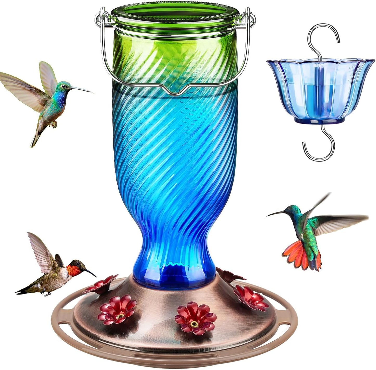 Kingsyard Glass Hummingbird Feeders for Outdoors, 24 oz Hummingbird Nectar Feeder for Outdoors Garden Yard Décor, 6 Feeding Ports, Ant Moat Included, Easy to Clean & Refill, Navy Blue