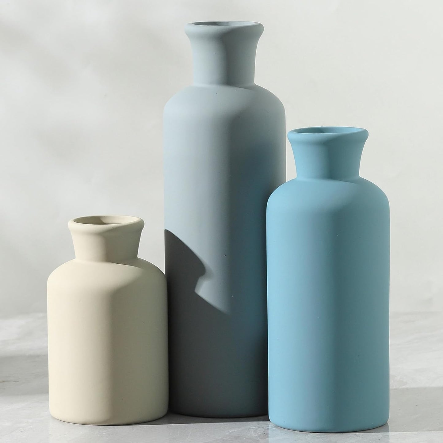 Ceramic Vase Set of 3, Neutral Modern Vases Home Decor Boho Vase Farmhouse Decor Flowers Pampas Vases for Table Mantel Entryway Shelf Living Room Kitchen Bathroom - Blue